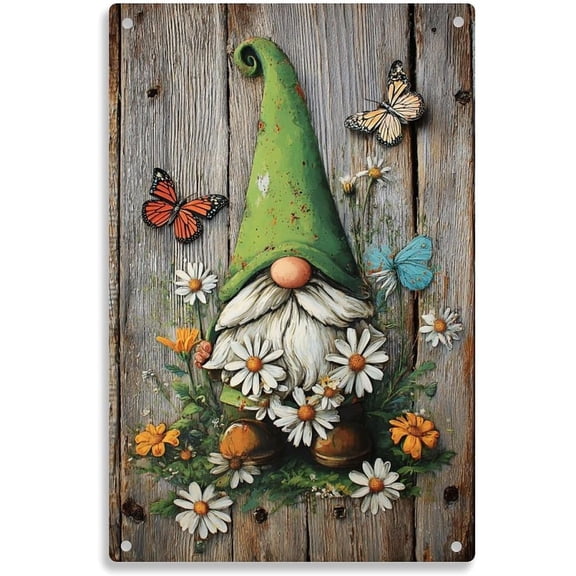 Vintage Spring Garden Gnome Metal Tin Sign with Daisies and Butterflies, Aesthetic Wall Decor for Home Bedroom Dorm Bathroom, 8 x 12 Inch