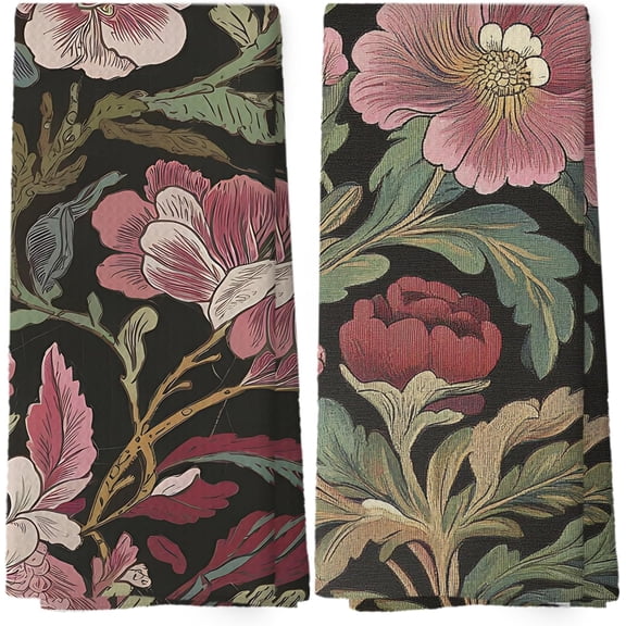 Vintage Spring Green Floral Kitchen Dish Towels Set of 2, Seasonal Hello Spring Gifts for Women Friends, Flower Leaves Buffalo Plaid Hand Towels Kitchen Tea Towels Decorations, 16x24 inch