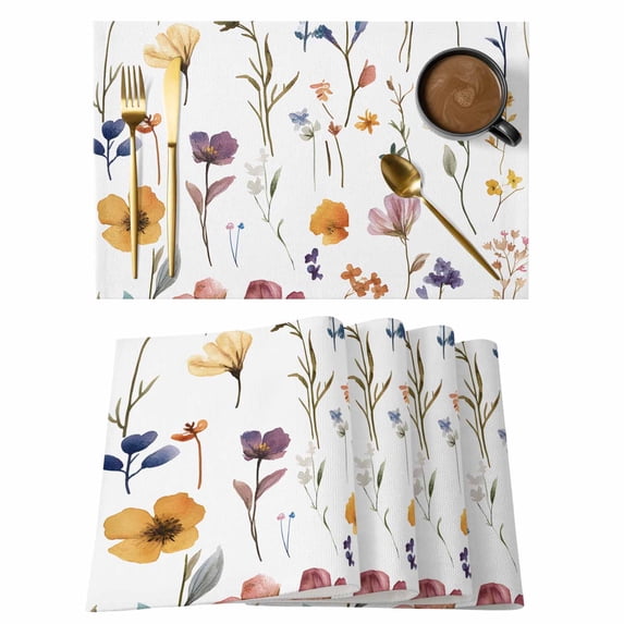 Vintage Spring Placemats Set of 8, Wildflower Multicolor Flowers Leaf Non-Slip Place Mats Washable Table Mats for Kitchen Dining Table Decorations Indoor/Outdoor