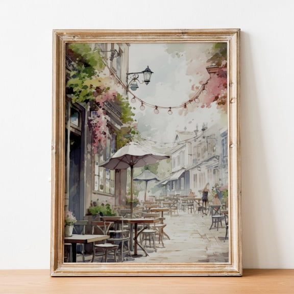 Vintage Spring Street Print, Traditional Floral Scene, Charming European Wall Art, Nostalgic Spring Flowers, Cityscape Artwork Home Decor #1767, Unframed Canvas Size 8x12