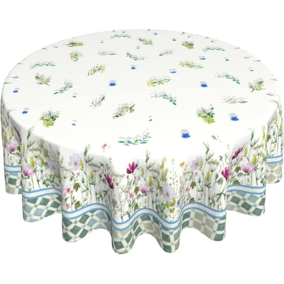 Vintage Spring Summer Floral Round Tablecloth 60 Inch Blue and Green Decor Spring Flowers Table Cloths Polyester Fabric Table Cover for Picnic Party Dining Room Home Indoor Outdoor