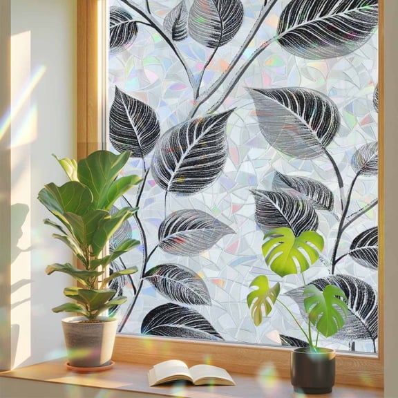Vintage Spring Summer Leaves Window Privacy Film, Rainbow Film Decorative Window Sticker 17.7x39.3in, Abstract Overlay Texture Sun Blocking Static Stained Glass Cling Tint Non-Adhesive