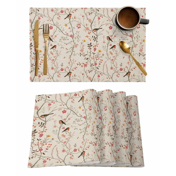 Vintage Spring Wallpaper Placemats Set of 8 Bird Red Flower BrownTexture Heat Insulation Washable Place Mats, Rustic Non-Slip Table Mats for Dining Table Party Kitchen Decor,13x19 Inch