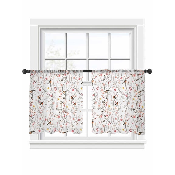 Vintage Spring Wallpaper Sheer Curtains for Living Room Bedroom, Bird Red Floral Plants Texture Light Filtering Sheer Curtain Rod Pocket Voile Window Treaments Drapes, 52 x 54 Inches