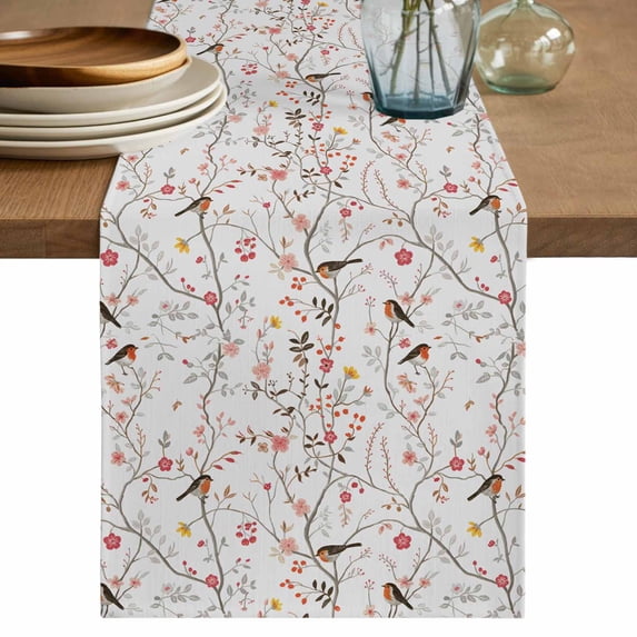 Vintage Spring Wallpaper Table Runner, Bird Red Flower Plants Texture Cotton Linen Kitchen Table Decoration Washable Dining Tabletop Runners for Home Party Decor 13x72 Inches