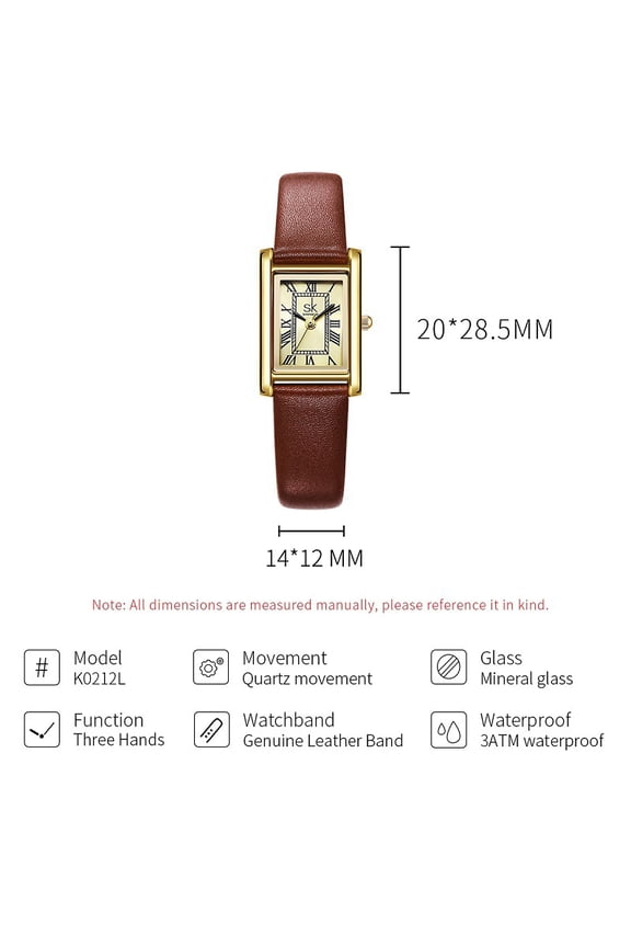 Vintage Square Ladies Watch - Leather Strap, Roman Numerals, Stylish Waterproof Elegant Women's Quartz Watch