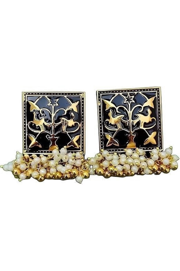 Vintage Square Stud Earrings with Pearl Cluster Drops, Blue and Gold, Traditional Design