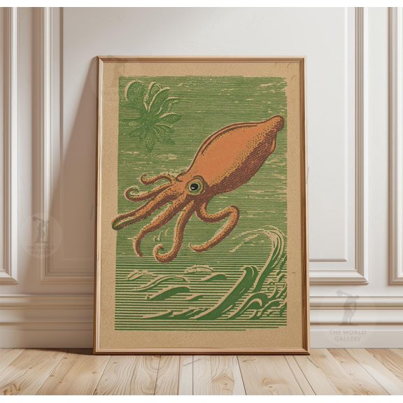 Vintage Squid Poster, Coastal Japanese Sea Life Wall Art, Poster Only
