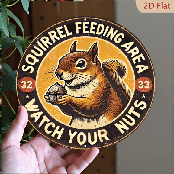 Vintage Squirrel Feeding Area Round Metal Sign 8x8 Inch Retro Funny Nut Humor Wall Art Decor for Home Garden Kitchen Garage Indoor Outdoor Display