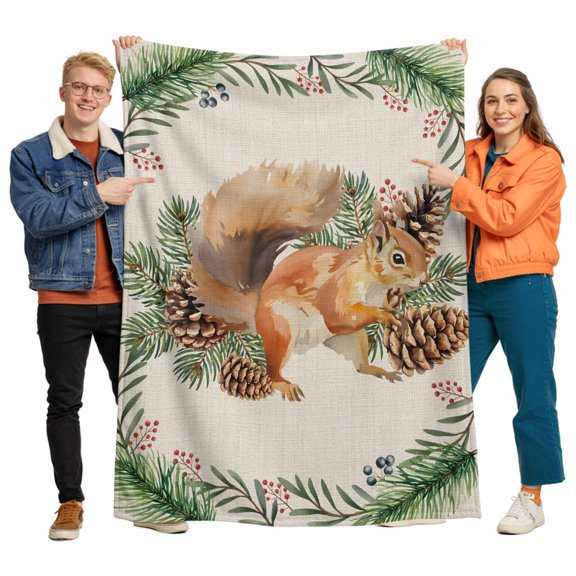 Vintage Squirrel on Linen Throw Blanket Flannel Fleece Throws, Pastoral Plant Pine Cone Lightweight Super Soft Warm Blankets for Couch Sofa Bed All Season Use, 50x60 in