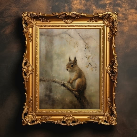 Vintage Squirrel Oil Painting Wall Art - Neutral Country Nursery Decor - 8x12 UNFRAMED