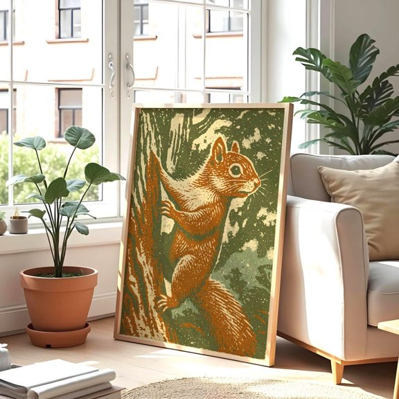 Vintage Squirrel Woodland Art - Rustic Nature Illustration Poster - 8x12 UNFRAMED