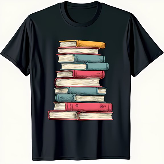 Vintage Stack of Colorful Graphic Black T-Shirt for Book Lovers
