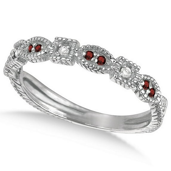 Vintage Stackable Diamond and Garnet Ring 14k White Gold (0.15ct)