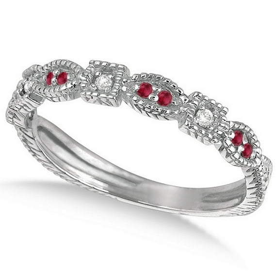 Vintage Stackable Diamond and Ruby Ring 14k White Gold (0.15ct)
