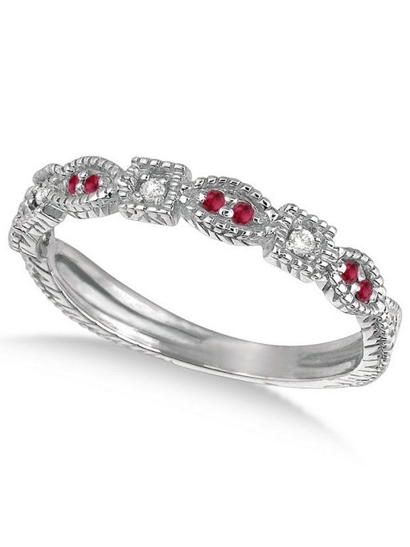 Vintage Stackable Diamond and Ruby Ring 14k White Gold (0.15ct)