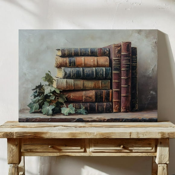 Vintage Stacked Books With Ivy Art - Rustic Library Decor For Cozy, Traditional, Or Antique Home Interiors Wall Art, Modern Wall Decor, 16x24 UNFRAMED