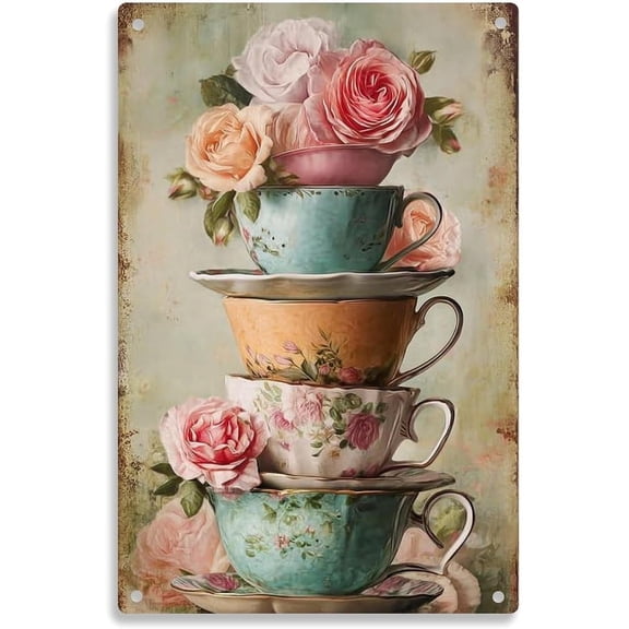 Vintage Stacked Teacups Roses Floral Pattern Tin Sign Vintage Romantic Tea Party Metal Sign Print Aesthetic Room Decoration for Home Bedroom Kitchen Bar Dorm Bathroom Wall Decor 8 X 12 Inch