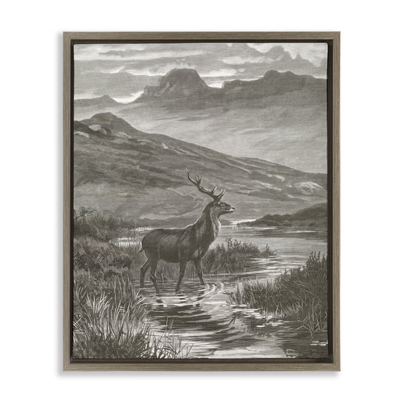 Stupell Industries Vintage Stag & Mountains Brown Framed Floater Canvas Wall Art, design by Wild Apple Portfolio, 31 x 25