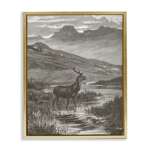 Stupell Industries Vintage Stag & Mountains Gold Framed Floater Canvas Wall Art, design by Wild Apple Portfolio, 31 x 25
