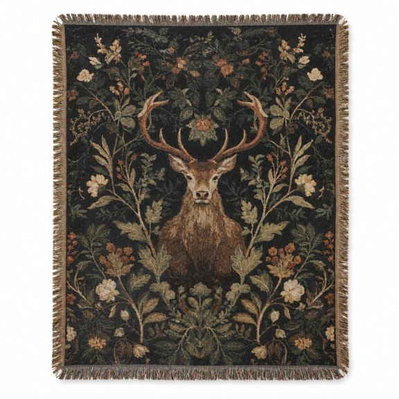 Vintage Stag and Botanical Floral Black Woven Throw Blanket, Cotton with Fringed Edges, Woodland Decor for Sofa and Bed