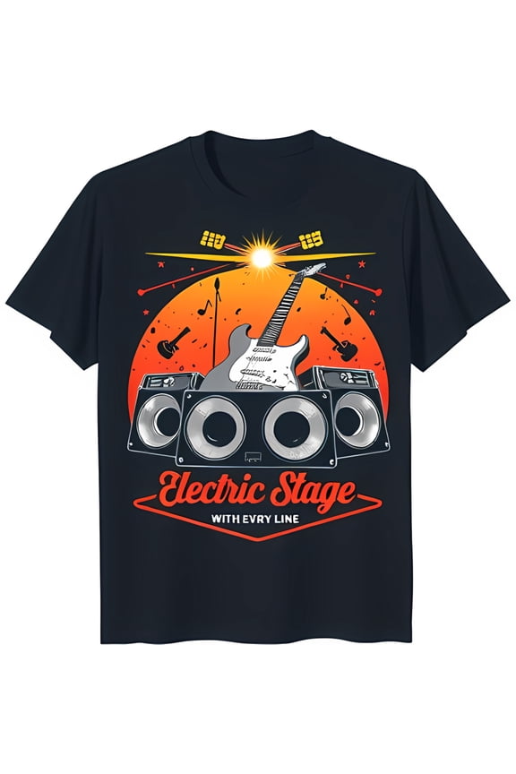 Vintage Stage Graphic T-Shirt Blue Sunset Design with Speakers & ' Stage' & 'With Every Line' Text