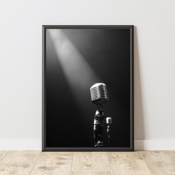 Vintage Stage Microphone Wall Art Print, Black And White Jazz Music Photography, Retro Studio Decor