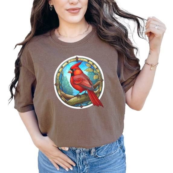Vintage Stained Glass Cardinal Bird T-Shirt, Nature Art Graphic Tee, Retro Wildlife Illustration, Unique Bird Lover Gift, Colorful Cardinal, Espresso Comfort Colors T-Shirt, 3XL