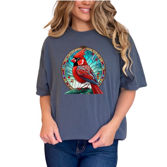 Vintage Stained Glass Cardinal T-Shirt, Colorful Bird Art Tee, Unique Bird Lover Gift, Nature Inspired Graphic Tee, Casual Wear, Denim Comfort Colors T-Shirt, Small