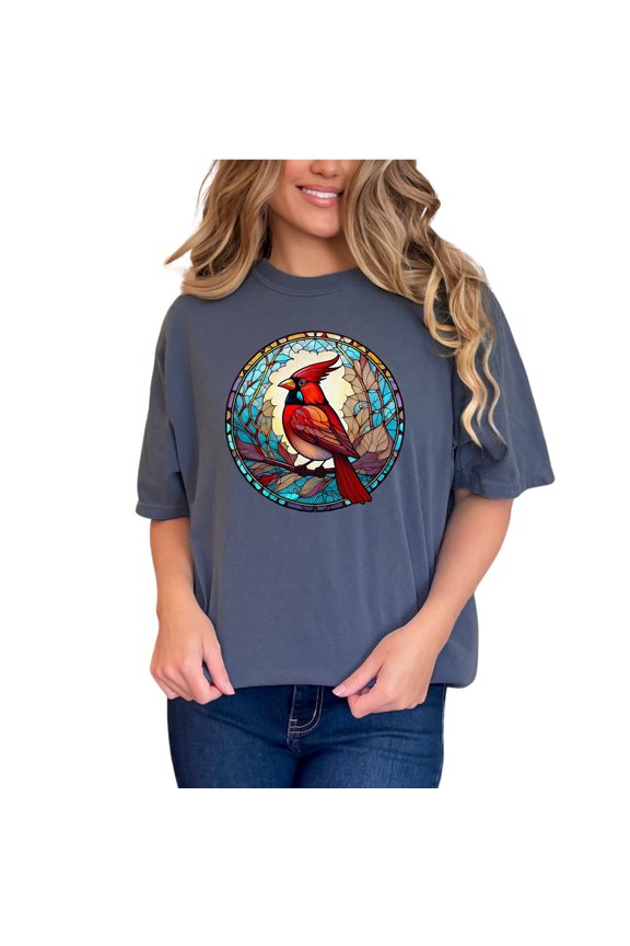Vintage Stained Glass Cardinal T-Shirt, Nature Bird Art Tee, Unique Bird Lover Gift, Colorful Glass Bird Print Shirt, Artistic Wildlife Tee, Denim Comfort Colors T-Shirt, Small