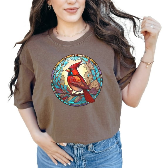 Vintage Stained Glass Cardinal T-Shirt, Nature Bird Art Tee, Unique Bird Lover Gift, Colorful Glass Bird Print Shirt, Artistic Wildlife Tee, Espresso Comfort Colors T-Shirt, 3XL