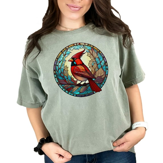 Vintage Stained Glass Cardinal T-Shirt, Nature Bird Art Tee, Unique Bird Lover Gift, Colorful Glass Bird Print Shirt, Artistic Wildlife Tee, Moss Comfort Colors T-Shirt, 3XL