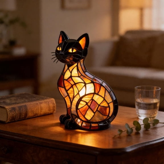 Vintage Stained Glass Cat Lamp,Whimsical Witch Cat Night Light,Tiffany Style Blacks Cats Table Lamp,Handmade Resin LED Halloween Decor(B)
