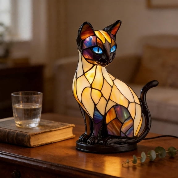 Vintage Stained Glass Cat Lamp,Whimsical Witch Cat Night Light,Tiffany Style Blacks Cats Table Lamp,Handmade Resin LED Halloween Decor(C)