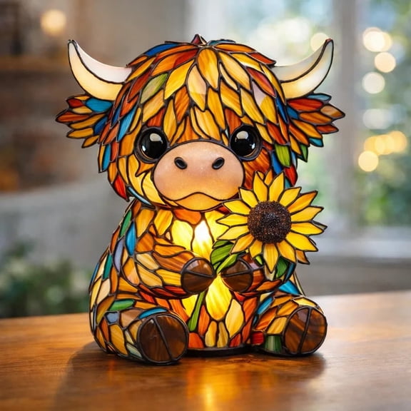 Vintage Stained Glass Cow Lamp,Handmade Sunflower Night Light,Warm LED Desktop Decor,Artistic Animal Lamp for Home,Whimsical Gift for Animal Lovers,Decorative Lamp,Night Light