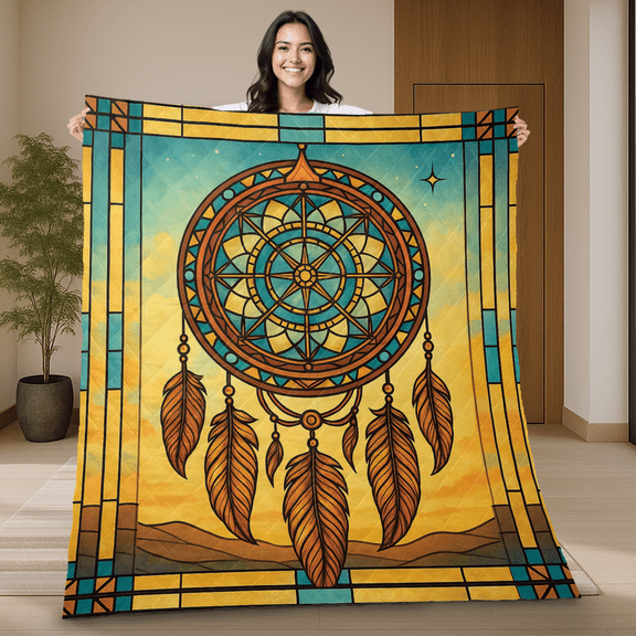 Vintage Stained Glass Dreamcatcher Quilt Blanket – Tribal Inspired Boho Blanket with Feathers, Sunset Colors