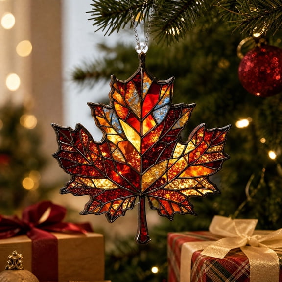 Vintage Stained Glass Effect Maple Leaf Hanging Ornament, Colorful Autumn Fall Leaf Suncatcher Pendant, Decorative Hanging for Christmas Tree, Window Wall, Thanksgiving Harvest Home Decoration