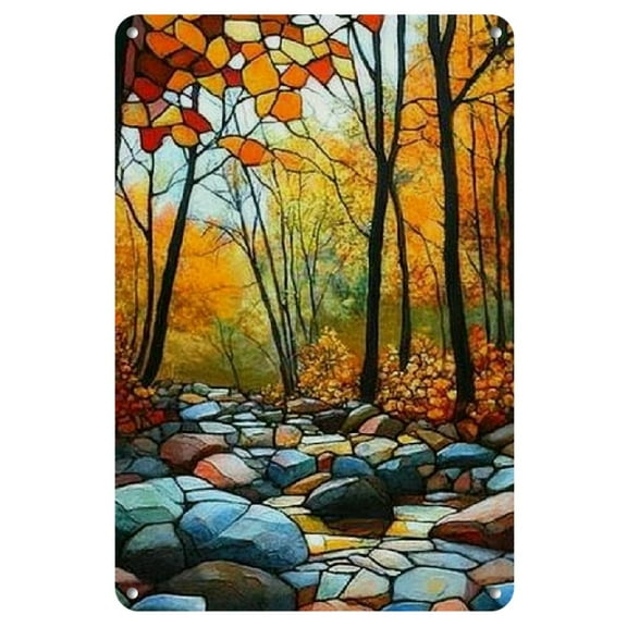 Vintage Stained Glass Forest Iron Art - 8x12 Inch Rustic Wall Decor with Majestic Eagle, Vibrant Autumn Foliage, and Serene Stream - Perfect for Kitchen, Home, or Office, Artistic Gift Item