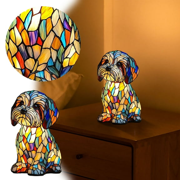 Vintage Stained Glass Shade Cute Dog Tabletop Night Light, Stained Resin Puppy Lamp with USB, 3D Cute Pet LED Table Night Lamps for Bedroom Nursery Desk, Gift for Dog Lovers and Kids (Maltese)