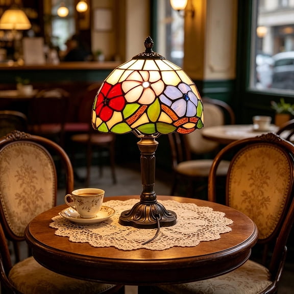 Vintage Stained Glass Table Lamp, Plug-in Decorative Bedside Lamp for Bedroom, Living Room & Study