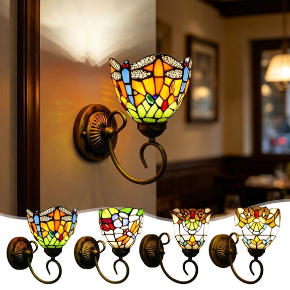 Vintage Stained Glass Wall Sconce Lamp Plug In - Hanging Light Lamp,Bedside Lamp with Classic for Bedroom Hallway Living Room Home Office