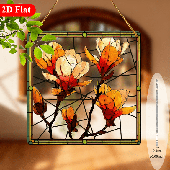 Vintage Stained-like Window Hanging Decor - Acrylic Floral Wall Art Plaque with Easy Hanging Strings, for Home, Wedding, Birthday, Housewarming, Halloween - Golden-Yellow Autumnal Hues