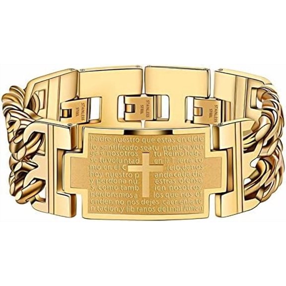 Vintage Stainless Steel Cross English Bible Lords Prayer Link Wrist Bracelet For Men, Gold and Black-1-