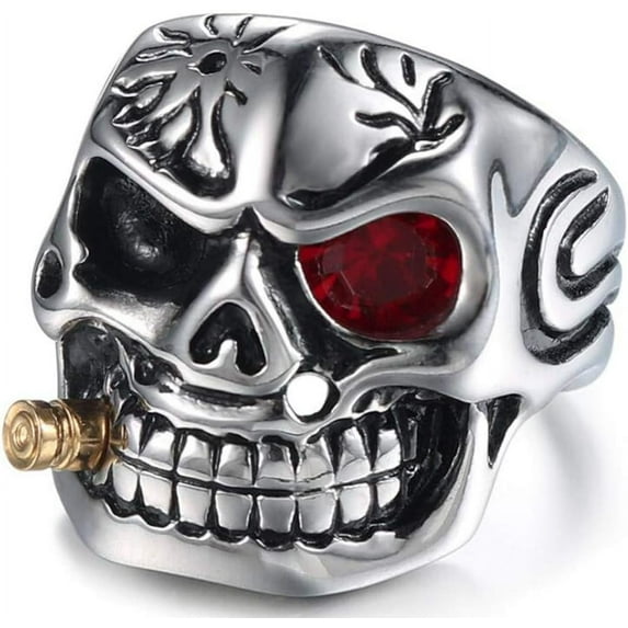 Vintage Stainless Steel Gothic Skull Smoking Bullet Biker Cocktail Party Ring
