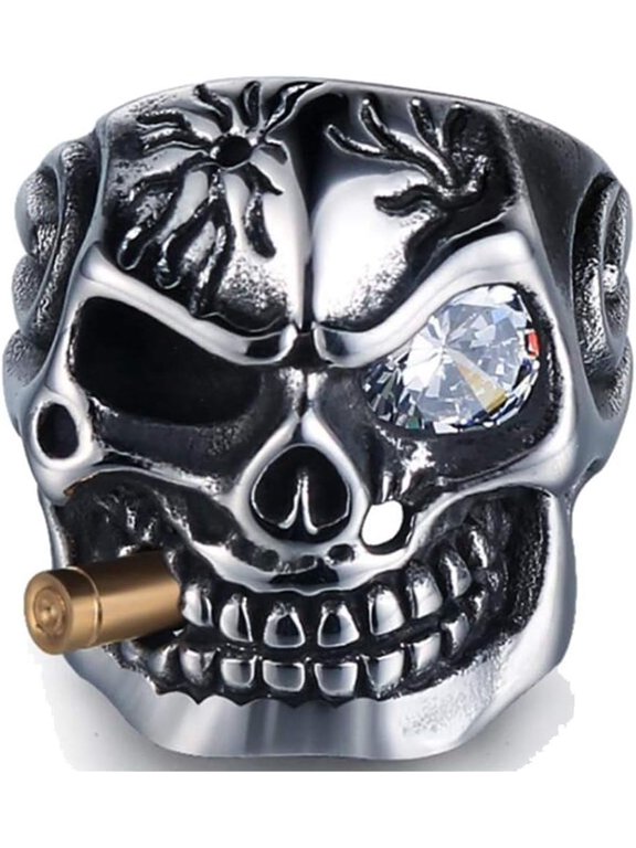 Vintage Stainless Steel Gothic Skull Smoking Bullet Biker Cocktail Party Ring