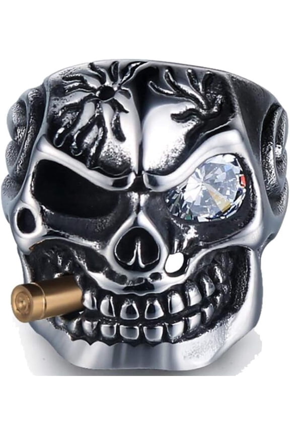 Vintage Stainless Steel Gothic Skull Smoking Bullet Biker Cocktail Party Ring