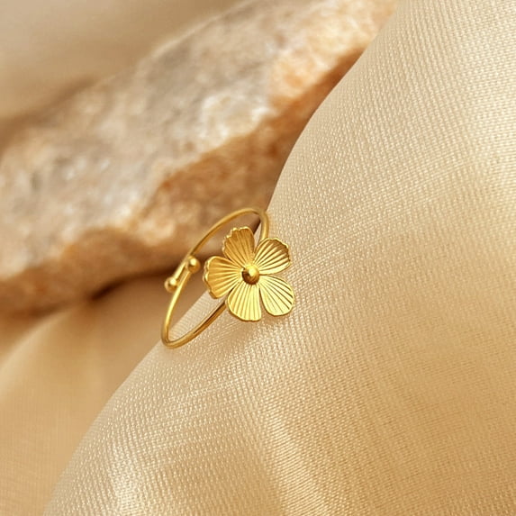 Vintage Stainless Steel Open Ring, 18K Gold-Plated Flower Design, Heart Shape, Unisex