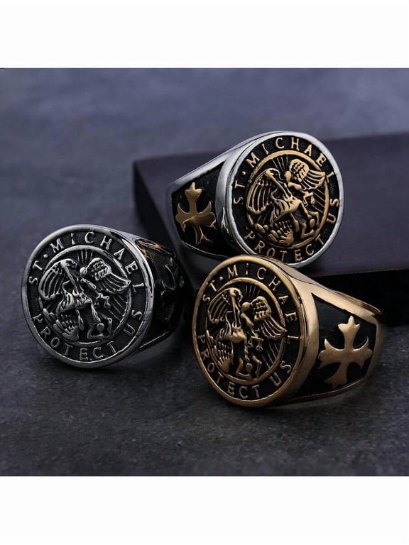 Vintage Stainless Steel Saint Michael Ring with Cross Detail