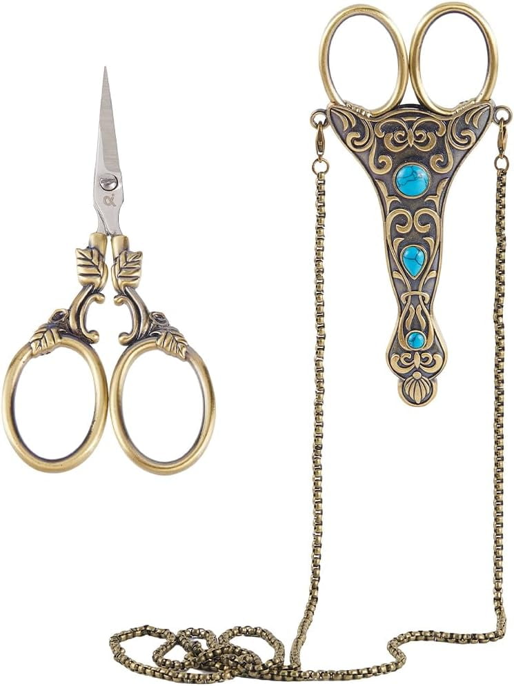 Vintage Stainless Steel & Synthetic Turquoise Sewing Scissors with Chain for Needlework Antique Bronze 19.37 inch(49.2cm)
