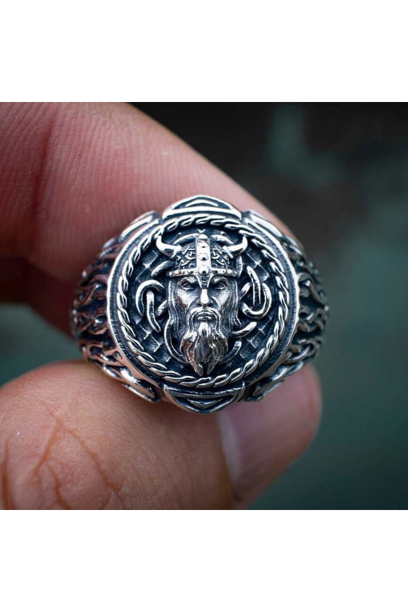 Vintage Stainless Steel Viking Ring Nordic Celtic Viking Head Ring Overbearing Male Ring S925 Sterling Silver Odin Ring for Men Punk Gothic Biker Viking Ring Jewelry